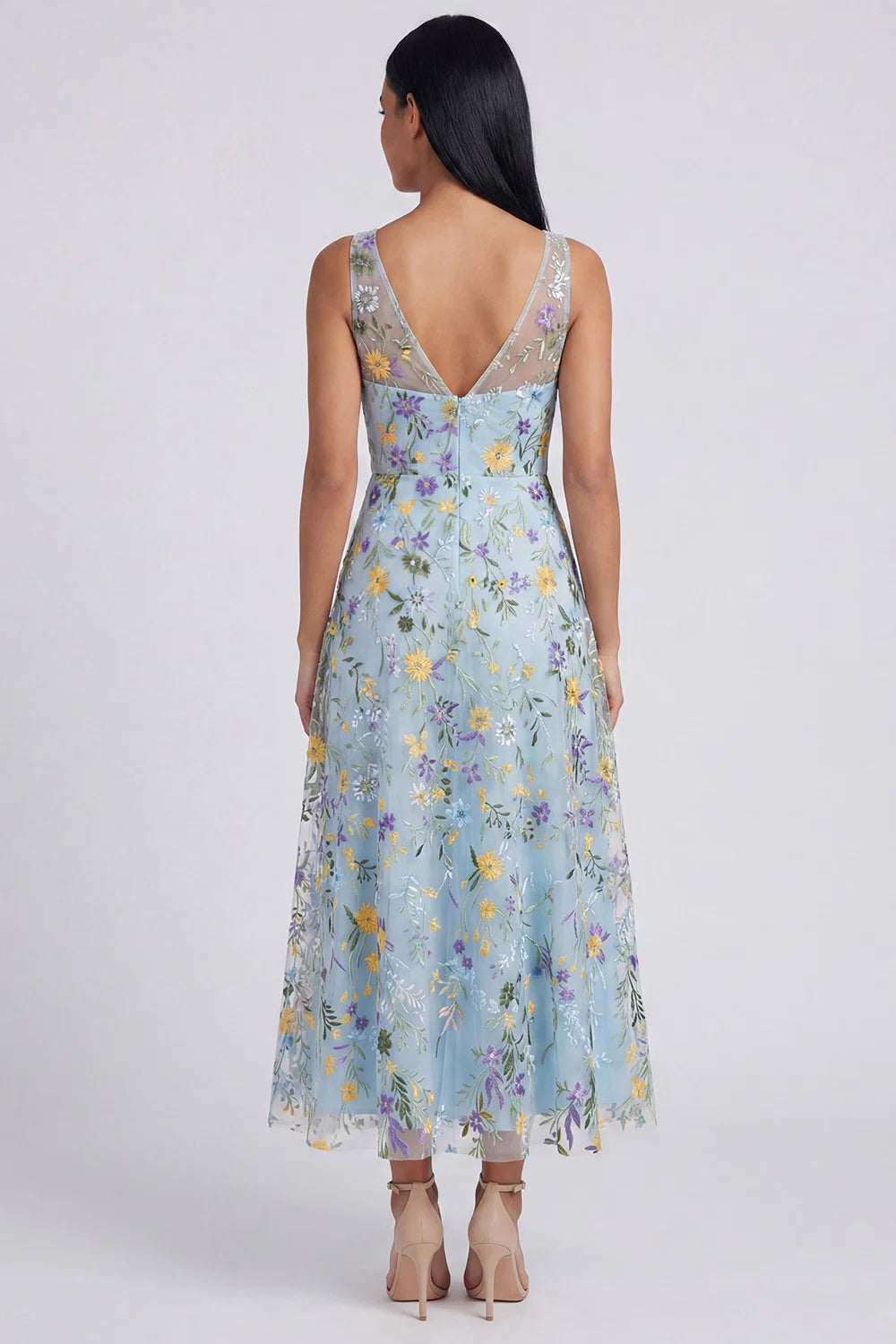 Deep V Neck Sleeveless 3D Wildflower Embroidery Mesh Tulle Midi A-Line Formal Party Dress