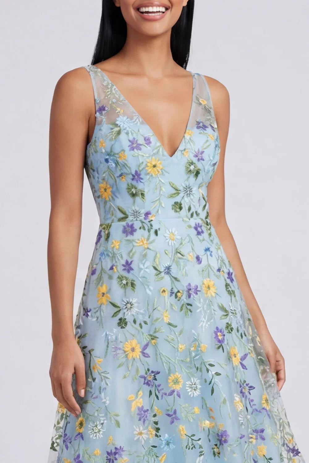 Deep V Neck Sleeveless 3D Wildflower Embroidery Mesh Tulle Midi A-Line Formal Party Dress