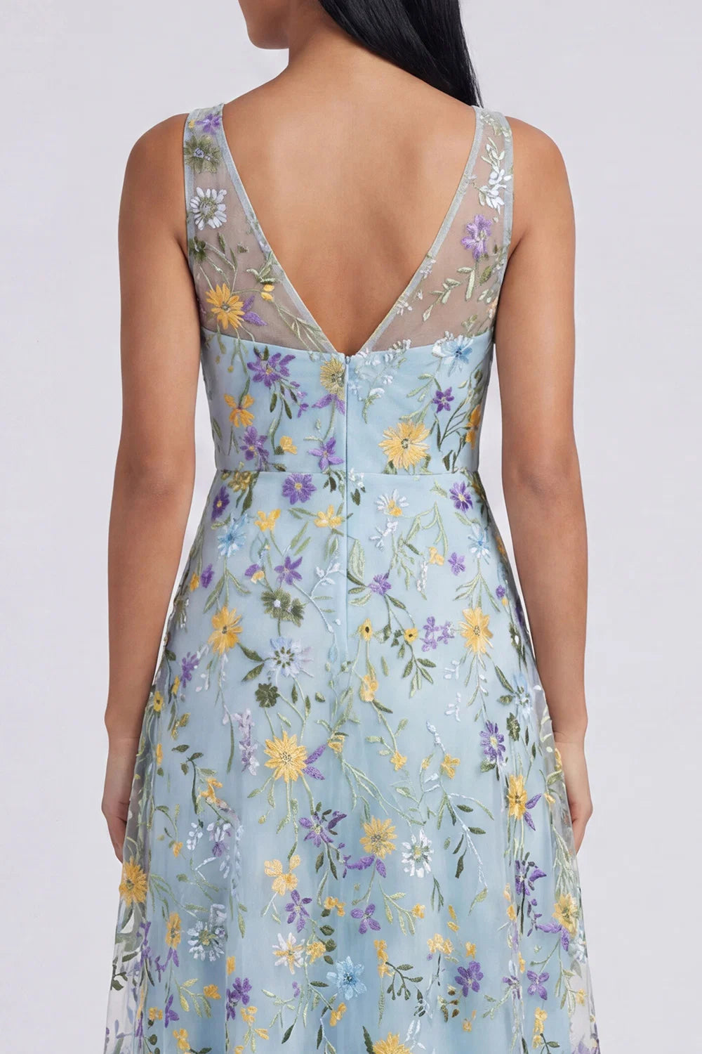 Deep V Neck Sleeveless 3D Wildflower Embroidery Mesh Tulle Midi A-Line Formal Party Dress