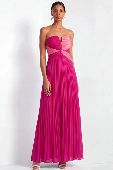 Vedress fuchsia two tone pleated strapless twist v a line maxi bridesmaid gown front colorblock view