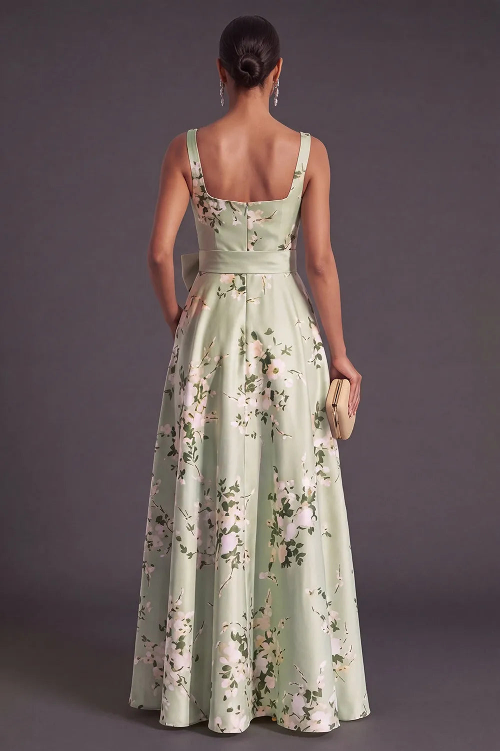 Square Neck Spaghetti Strap Floral Print Satin A-Line Maxi Dress with Big Sash Bow