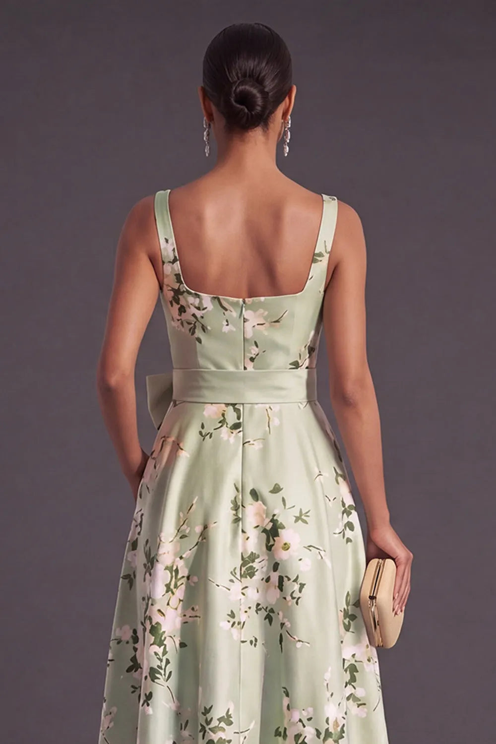 Square Neck Spaghetti Strap Floral Print Satin A-Line Maxi Dress with Big Sash Bow