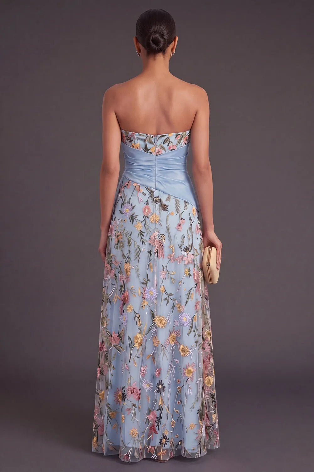 Strapless Sweetheart Floral Embroidery Tulle Gown with Asymmetrical Ruffle Wrap Waist & High Slit