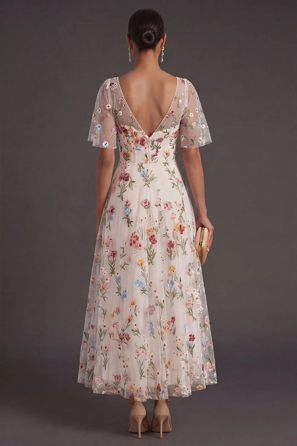 V-Neck Flutter Sleeve Floral Embroidered Tulle Midi A-Line Dress
