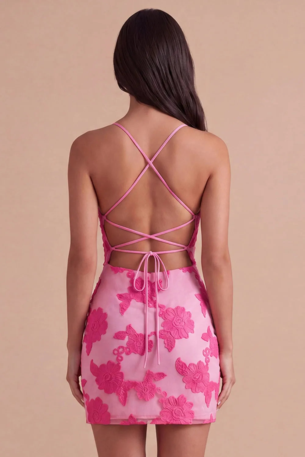 Floral Embroidered Lace Spaghetti Strap V-Neck Crisscross Lace-Up Back Bodycon Mini Homecoming Dress