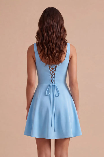 3D Floral Applique Sleeveless Square Neck Lace-Up Back Fit and Flare Mini Homecoming Dress