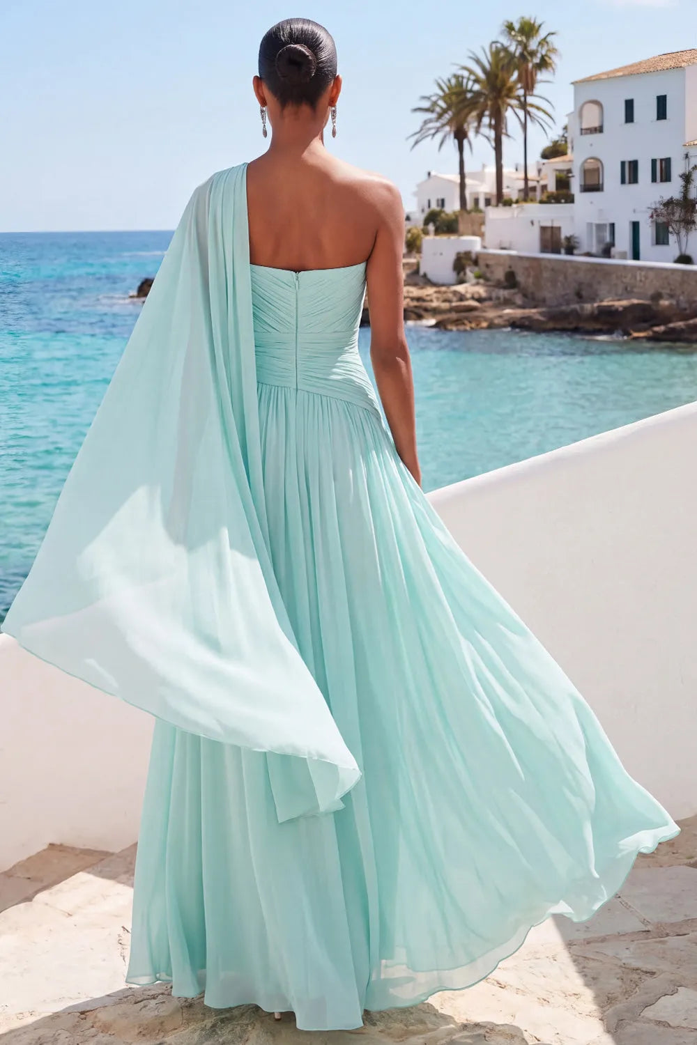 One Shoulder Draped Cape Sleeve Pleated Chiffon A-Line Maxi Bridesmaid Formal Dress
