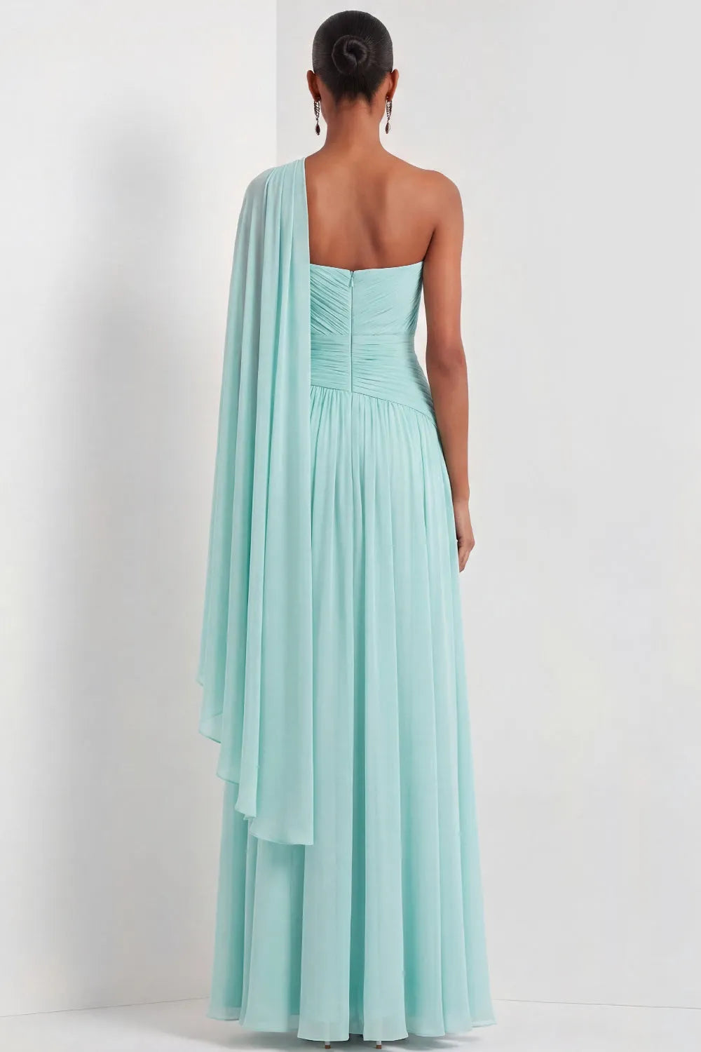 One Shoulder Draped Cape Sleeve Pleated Chiffon A-Line Maxi Bridesmaid Formal Dress