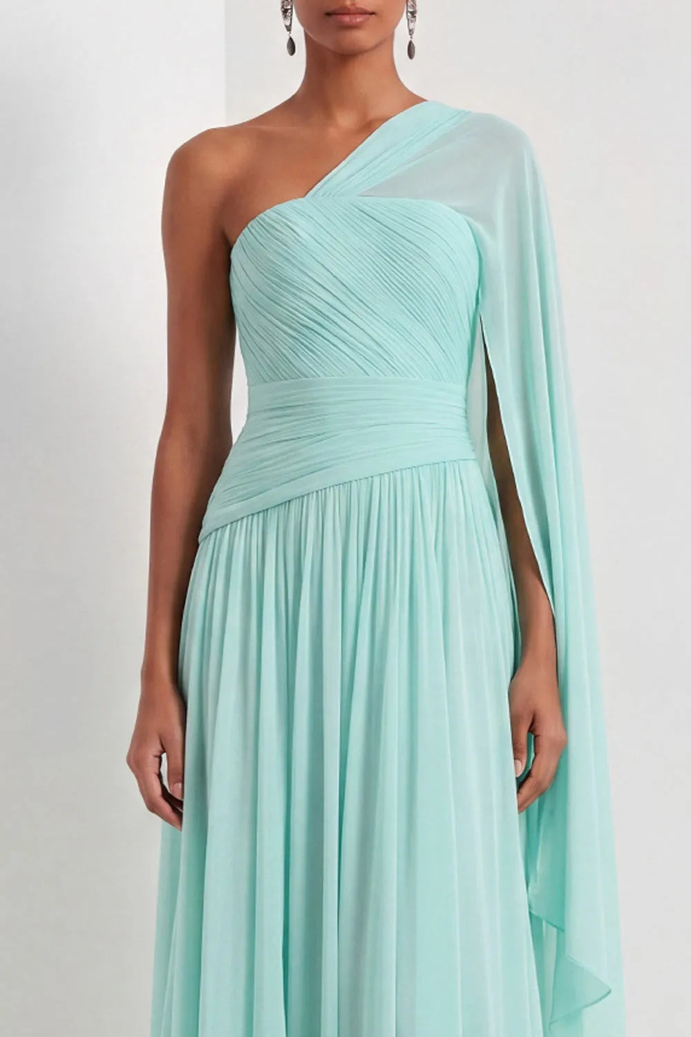 One Shoulder Draped Cape Sleeve Pleated Chiffon A-Line Maxi Bridesmaid Formal Dress