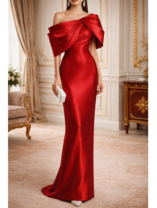 Elegant Glittering Mermaid One Shoulder Taffeta Cowl Back with Bow(s) Ruched Formal Evening Gown