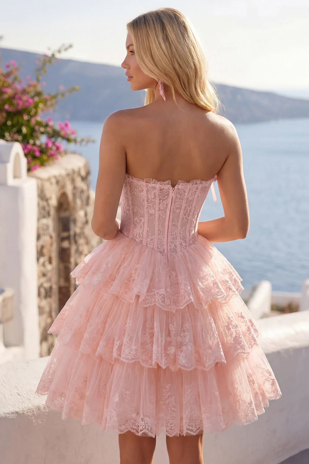 Romantic A-Line Straight Neck Strapless Lace Tulle Corset Bodice Tiered Homecoming Dress