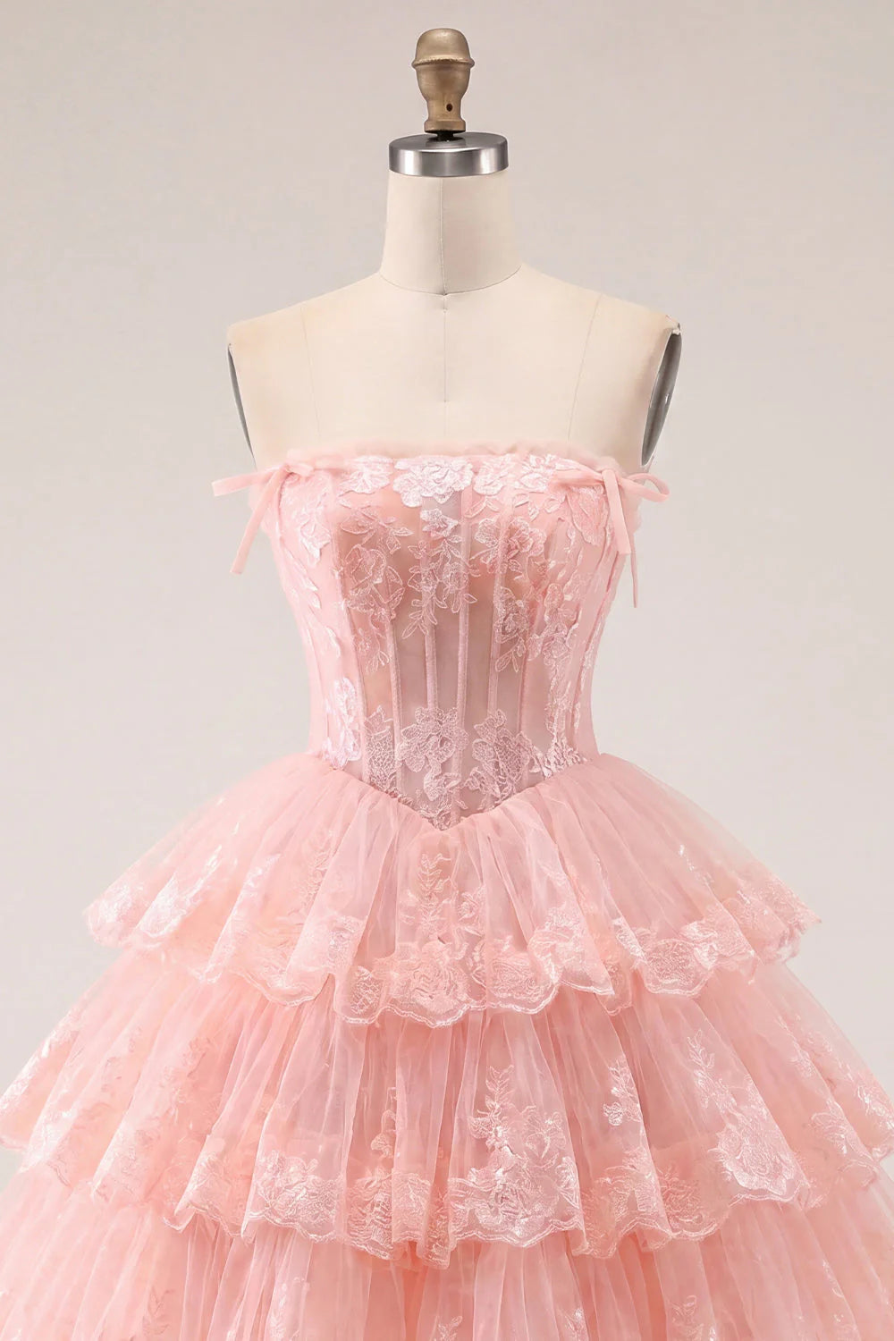 Romantic A-Line Straight Neck Strapless Lace Tulle Corset Bodice Tiered Homecoming Dress