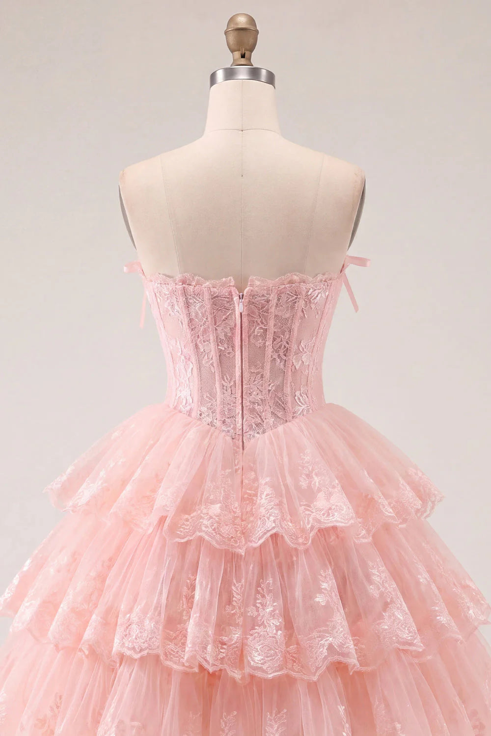 Romantic A-Line Straight Neck Strapless Lace Tulle Corset Bodice Tiered Homecoming Dress
