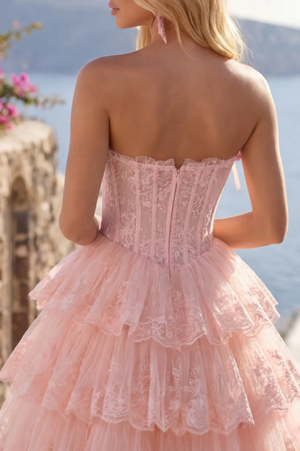 Romantic A-Line Straight Neck Strapless Lace Tulle Corset Bodice Tiered Homecoming Dress
