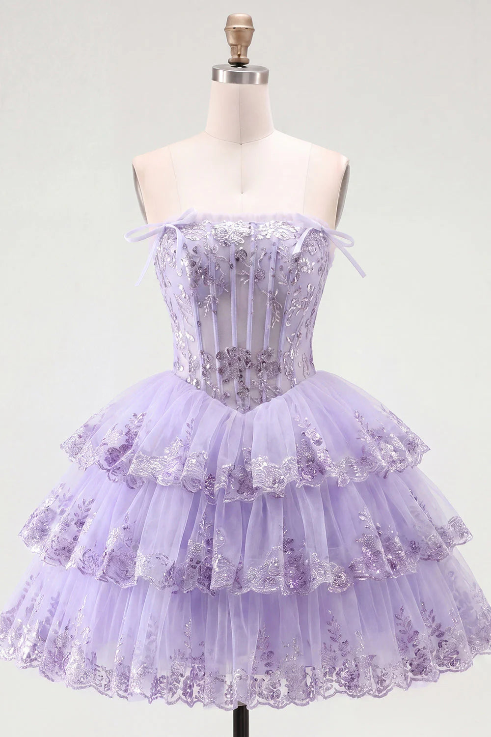 Romantic A-Line Straight Neck Strapless Lace Tulle Corset Bodice Tiered Homecoming Dress