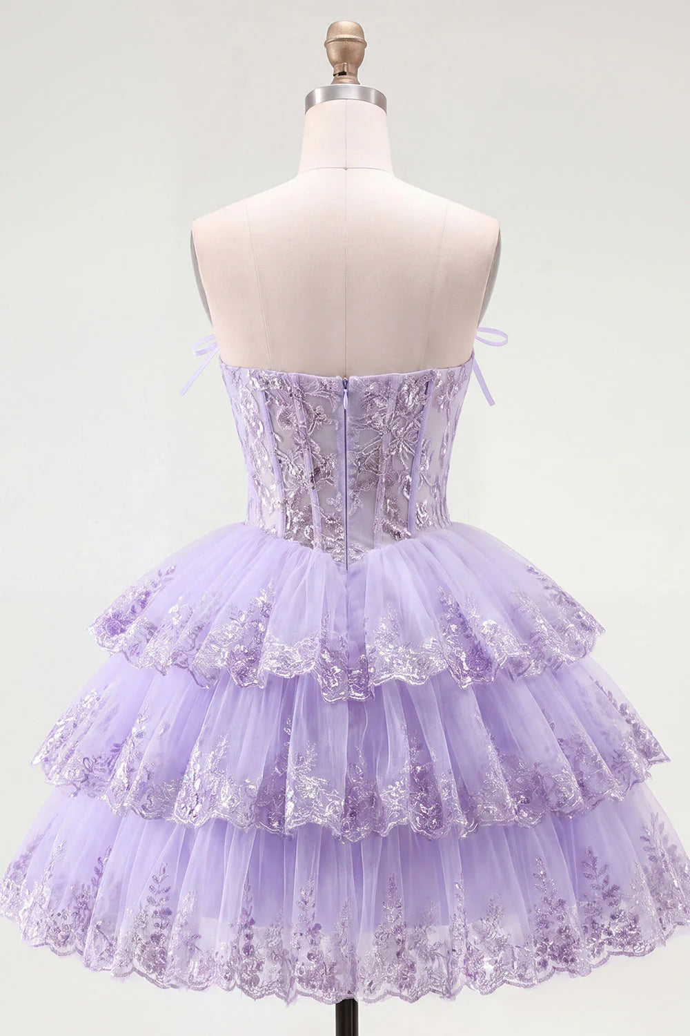 Romantic A-Line Straight Neck Strapless Lace Tulle Corset Bodice Tiered Homecoming Dress