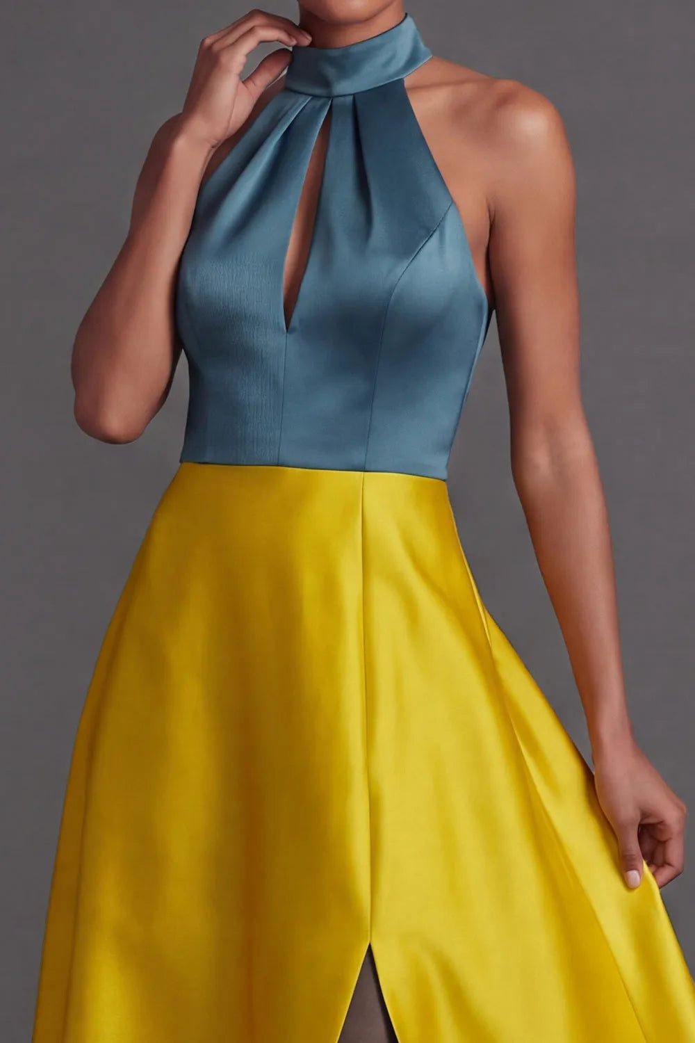 Color Block Halter Keyhole Open Back Satin A-Line Maxi Formal Dress with Front Slit