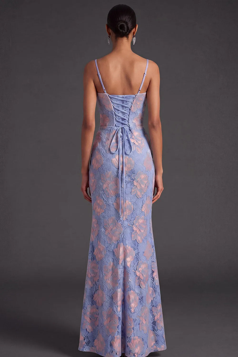 Spaghetti Strap Cowl Corset Lace Mermaid Maxi Dress with Crisscross Lace-Up Back