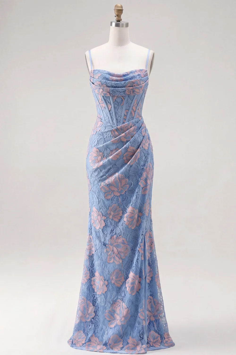Spaghetti Strap Cowl Corset Lace Mermaid Maxi Dress with Crisscross Lace-Up Back