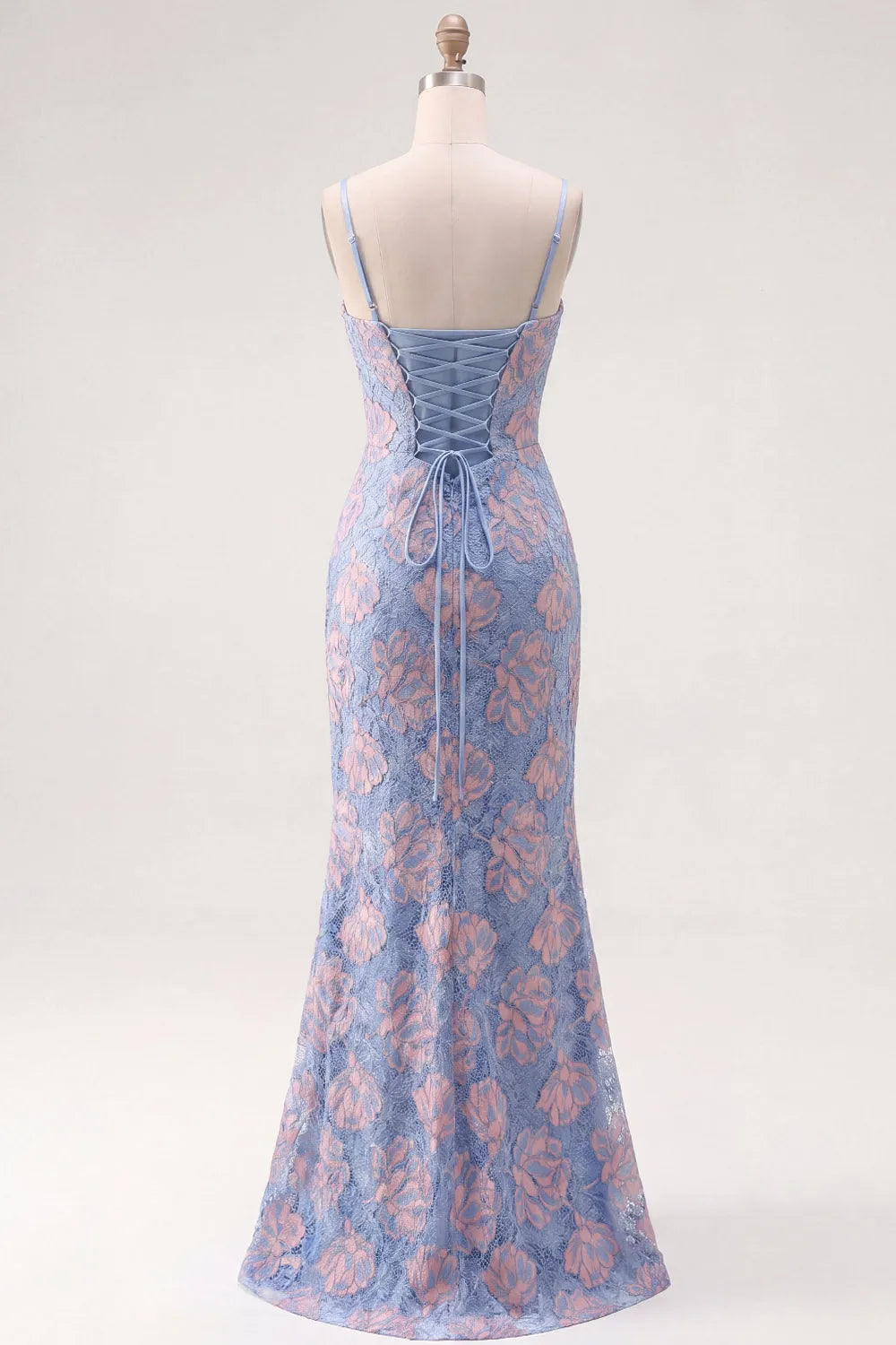 Spaghetti Strap Cowl Corset Lace Mermaid Maxi Dress with Crisscross Lace-Up Back