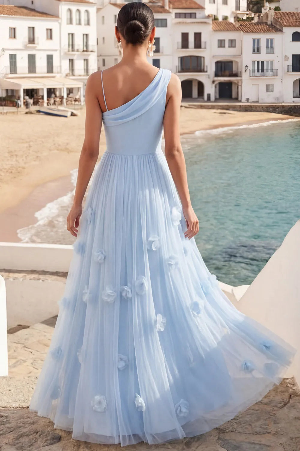 Asymmetrical Cowl Neck Spaghetti Strap 3D Floral Tulle A-Line Bridesmaid Maxi Dress