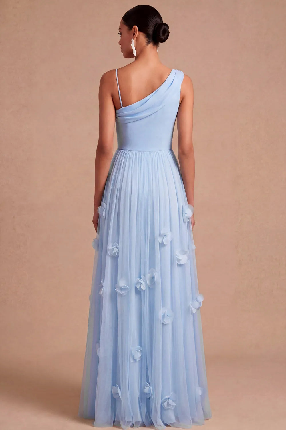 Asymmetrical Cowl Neck Spaghetti Strap 3D Floral Tulle A-Line Bridesmaid Maxi Dress
