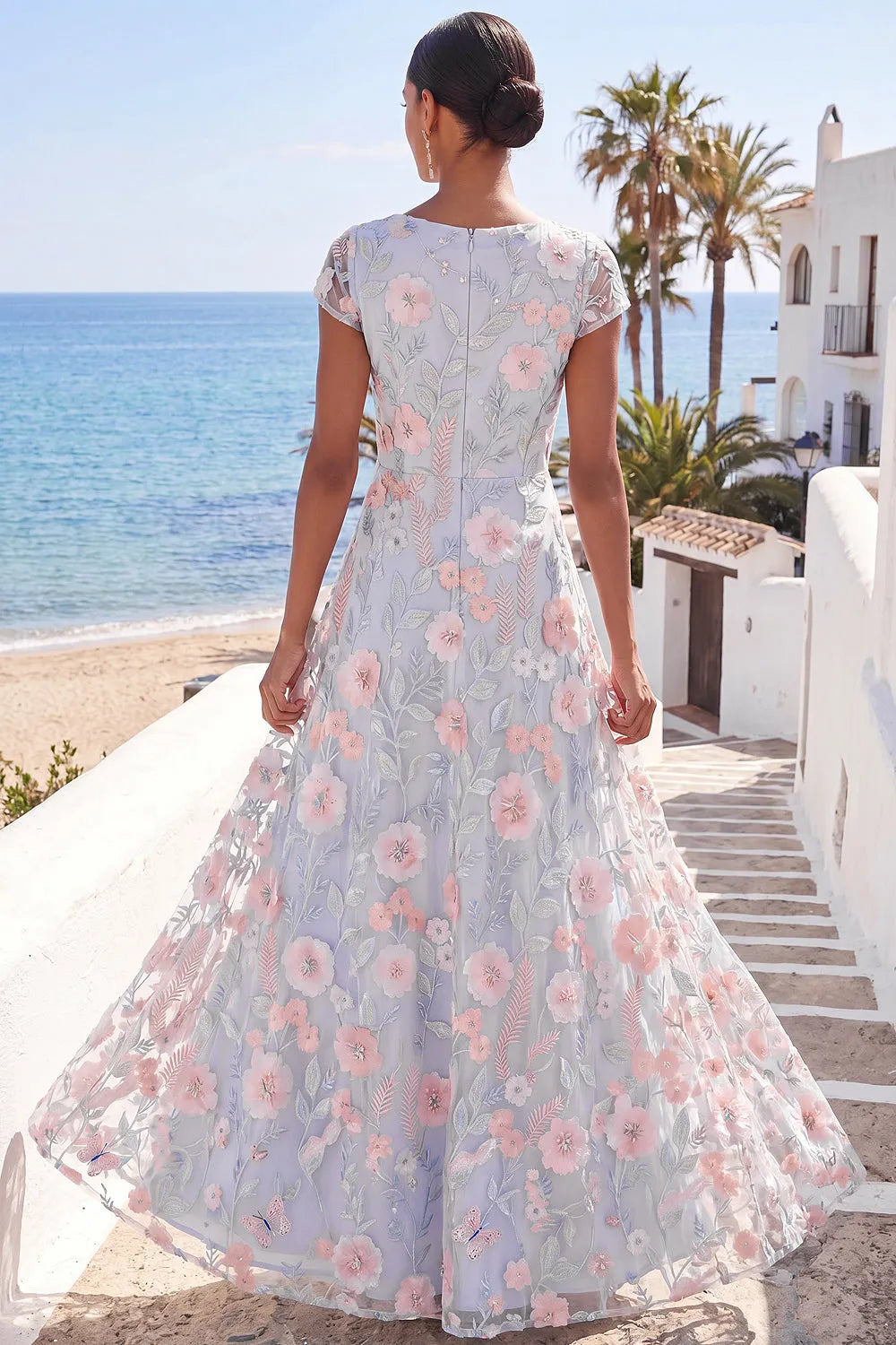 Short Sleeve V-Neck Floral Embroidery Tulle A-Line Floor Length Formal Evening Gown
