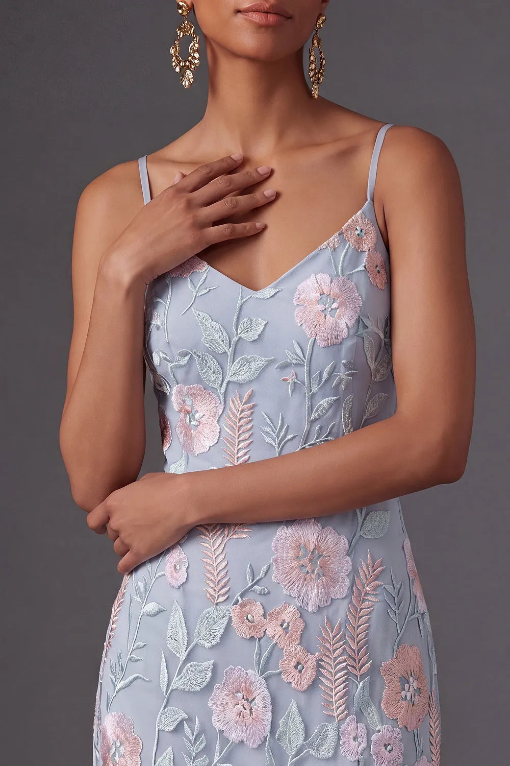 Spaghetti Strap V-Neck Floral Embroidered Tulle Mermaid Maxi Dress with High Slit