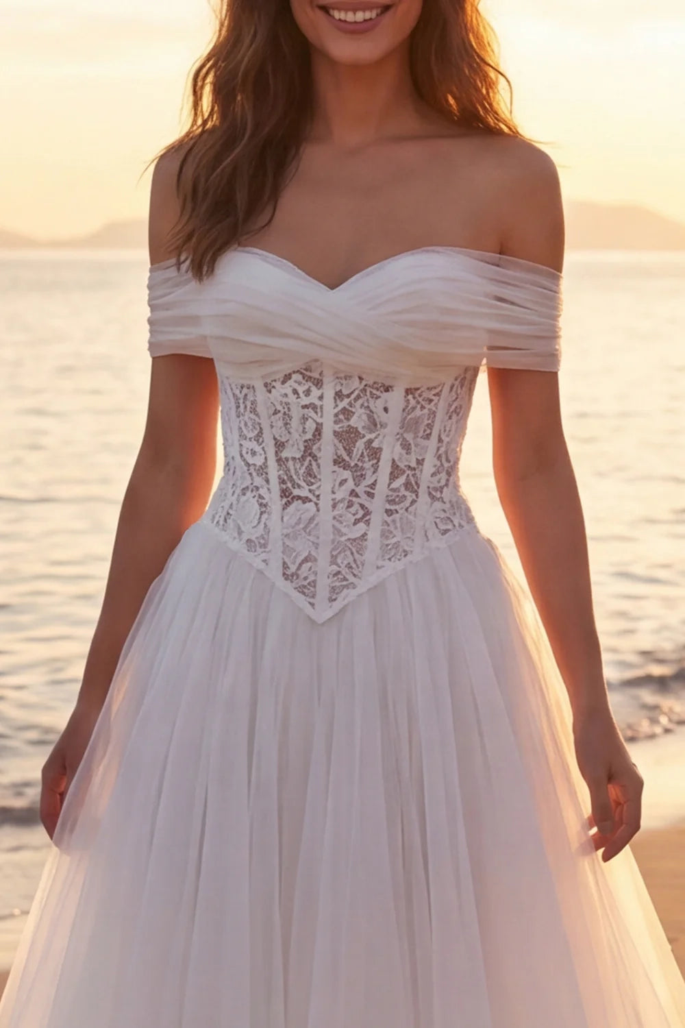 Romantic A-line Off Shoulder Short Sleeves Zipper Back Floor Length Wedding Dress
