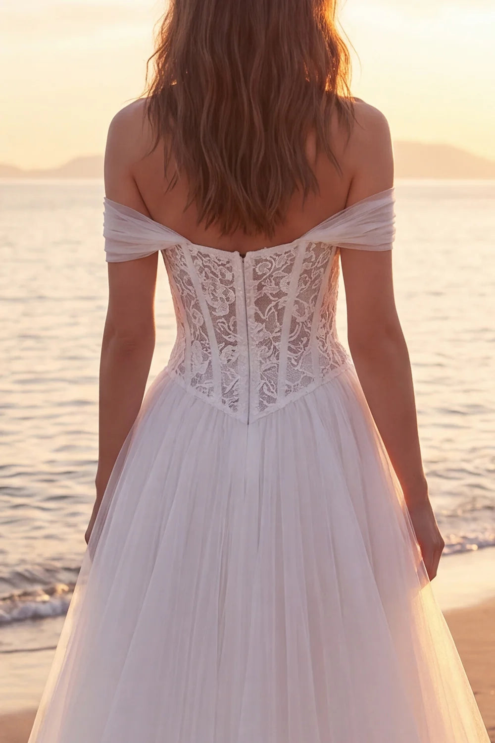 Romantic A-line Off Shoulder Short Sleeves Zipper Back Floor Length Wedding Dress