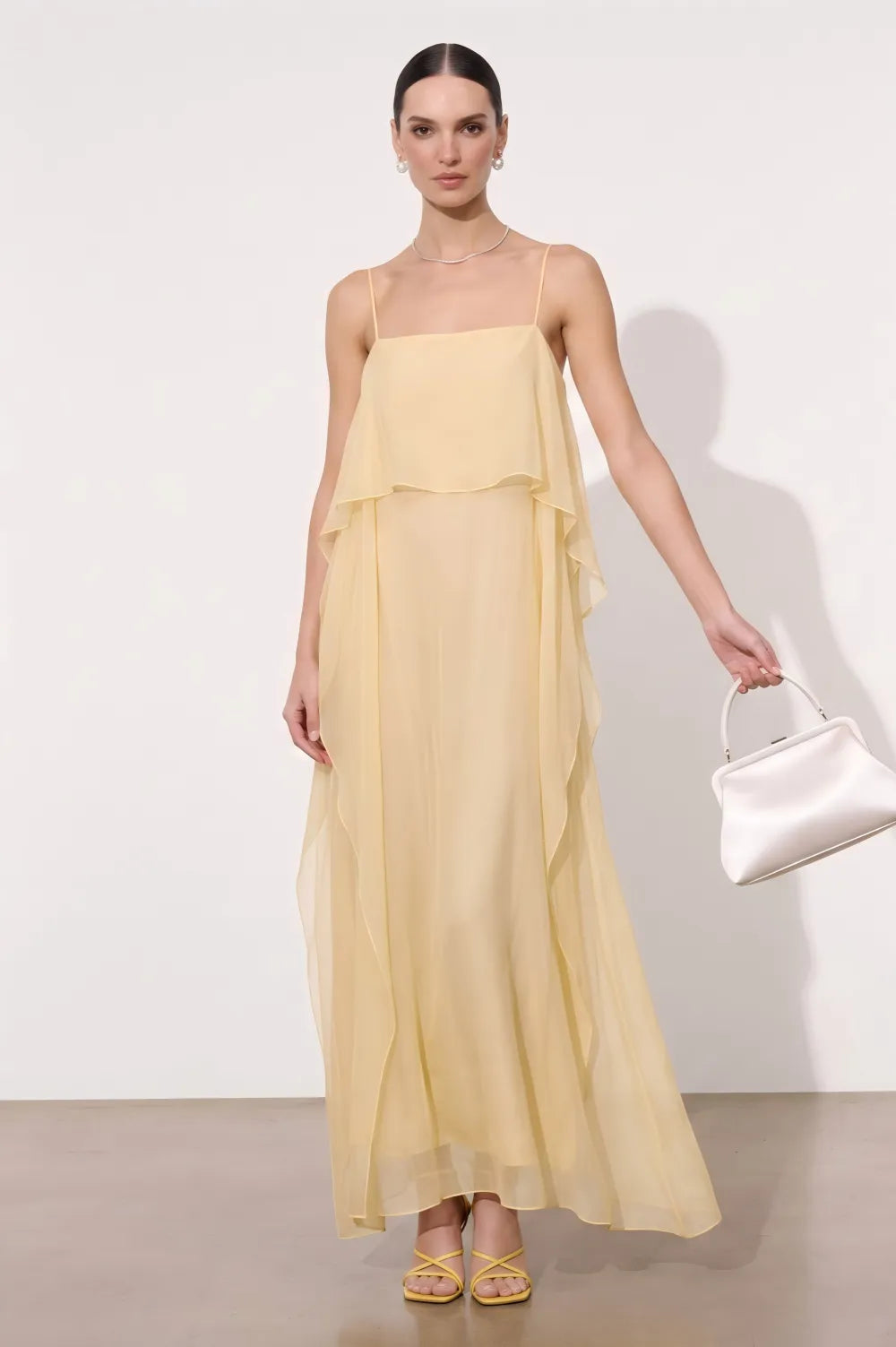 Thin Adjustable Spaghetti Strap Square Neck Ruffle Overlay Chiffon Maxi Dress Flowy Vacation Wedding Guest Long Gown