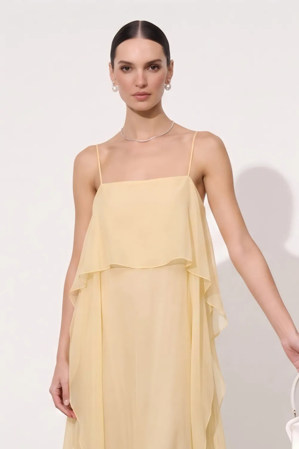 Thin Adjustable Spaghetti Strap Square Neck Ruffle Overlay Chiffon Maxi Dress Flowy Vacation Wedding Guest Long Gown