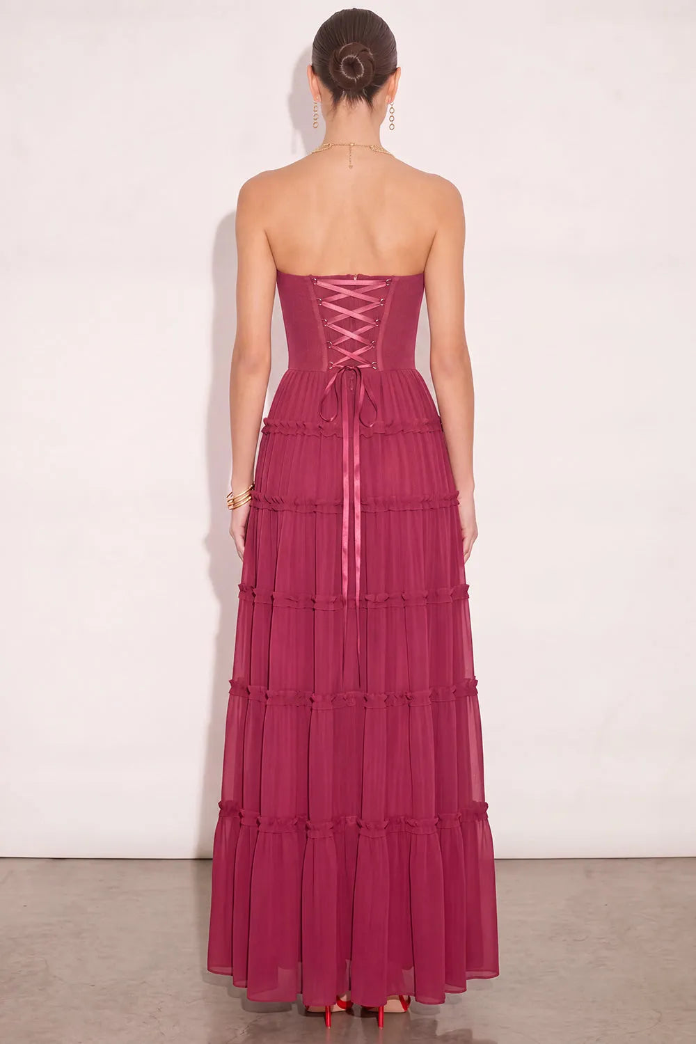 urgundy Pleated Bust Lace Up Back Tiered Chiffon Long Dress Strapless Formal Party Maxi Gown