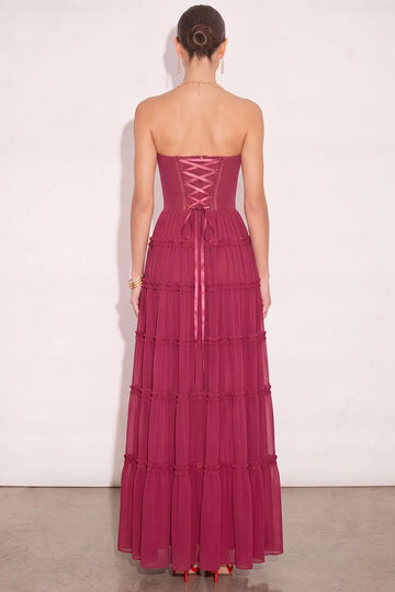 urgundy Pleated Bust Lace Up Back Tiered Chiffon Long Dress Strapless Formal Party Maxi Gown