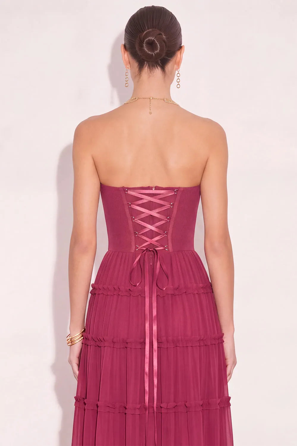 urgundy Pleated Bust Lace Up Back Tiered Chiffon Long Dress Strapless Formal Party Maxi Gown