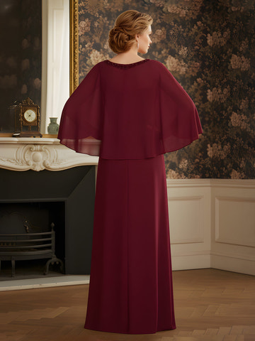 Elegant Burgundy Mother of the Bride Dress with Beaded Neckline and Flowy Chiffon Cape Sleeve - Formal Evening Gown