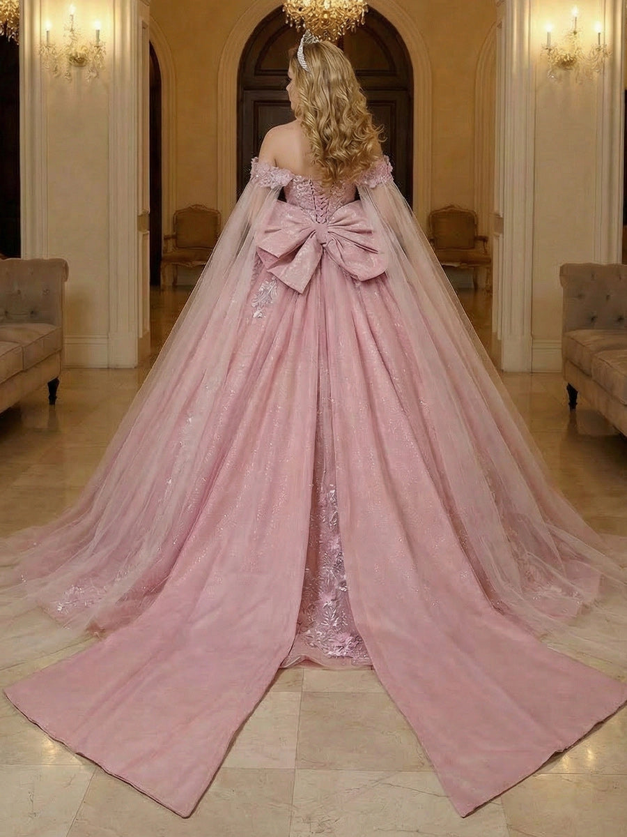 Vedress light pink glitter tulle quinceanera gown off shoulder lace-up corset back large satin bow detachable tulle cape long train back view
