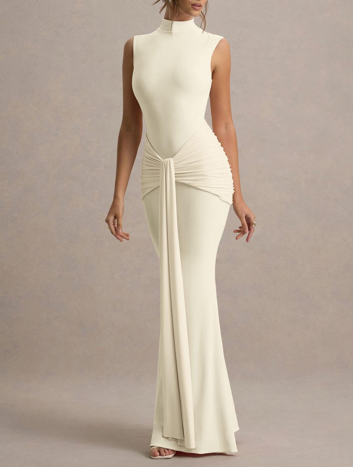 Sleeveless High Neck Ruched Knot Mermaid Maxi Dress