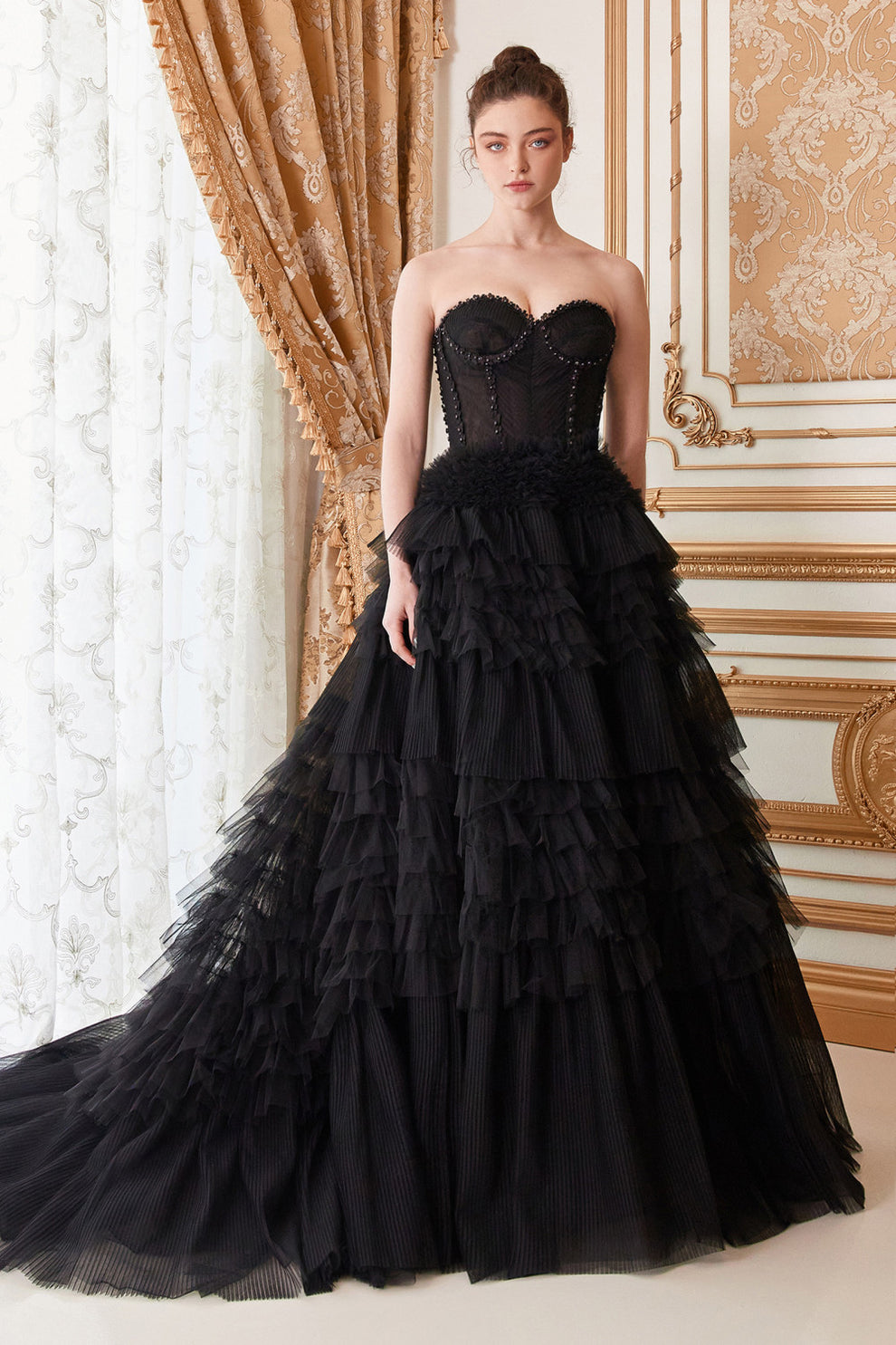Romantic Ball Gown Sweetheart Strapless Tulle Tiered Ruffle Prom Gown