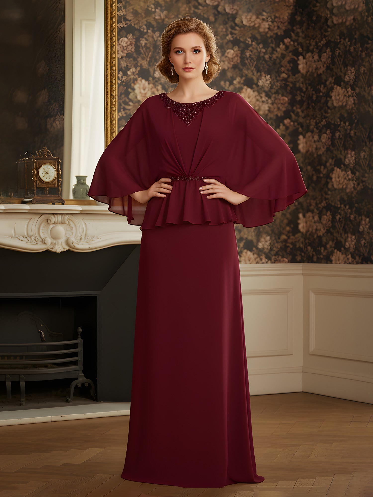 Elegant Burgundy Mother of the Bride Dress with Beaded Neckline and Flowy Chiffon Cape Sleeve - Formal Evening Gown