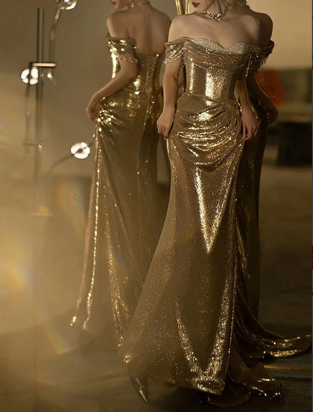 Glamorous Vintage Glittering Mermaid Off Shoulder Chain Sleeve Open Back Floor Length Evening Gown