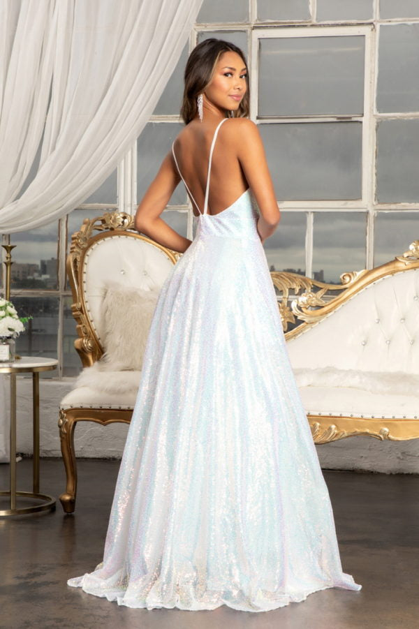 Luxury Iridescent Sequin A-Line Gown Plunging V-Neck High Slit Formal Evening & Wedding Reception Dress