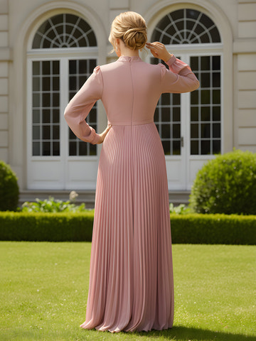 Elegant Dusty Pink Pleated Chiffon Maxi Dress - Bow Neck & Lantern Sleeves, Formal Evening Gown