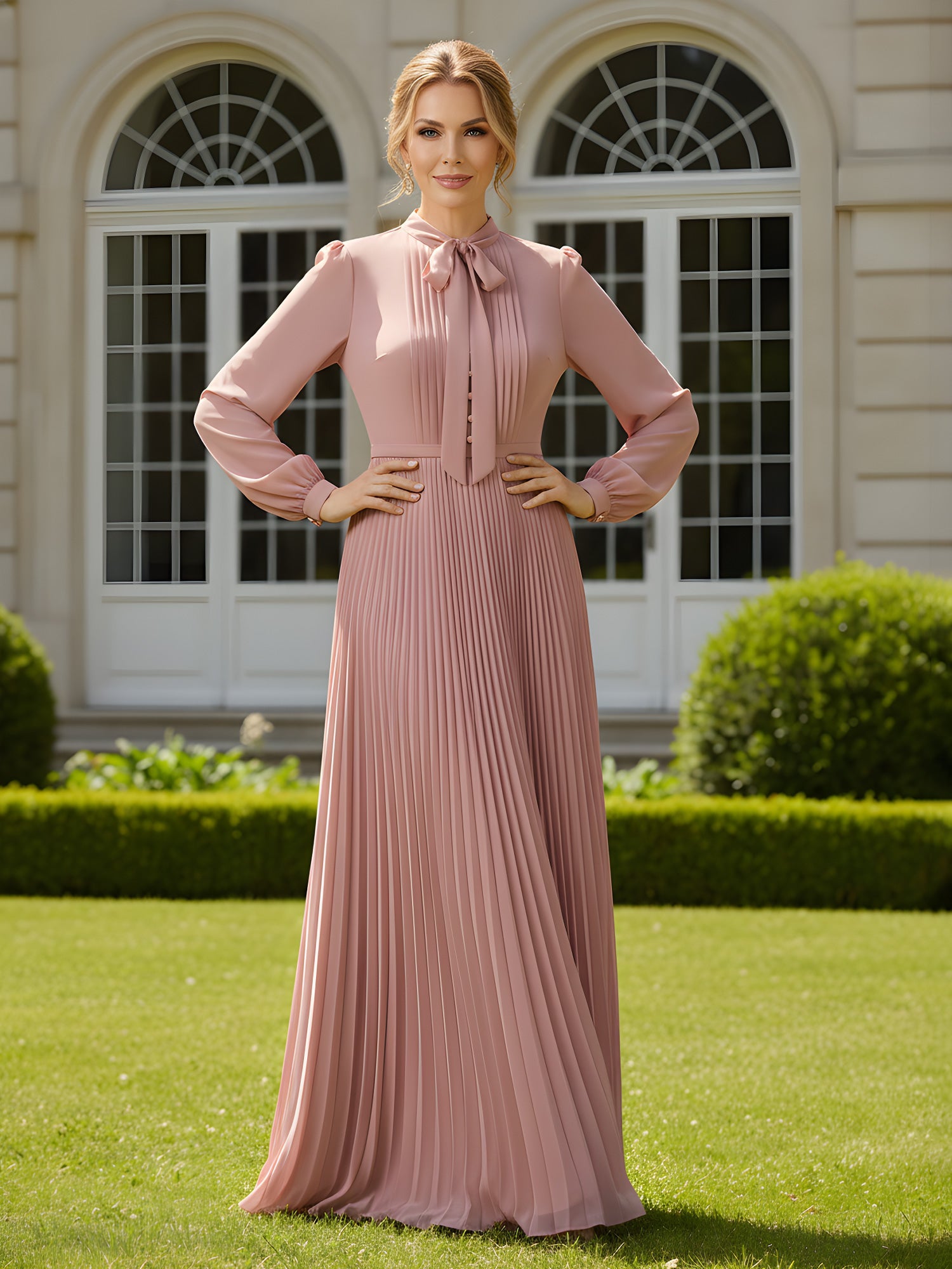 Elegante vestido largo de chifón plisado rosa empolvado - Lazo en el cuello y mangas farol, vestido de noche formal