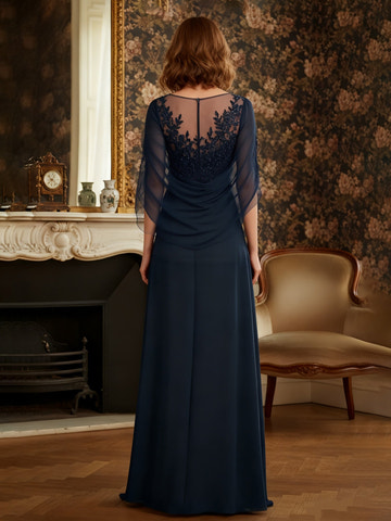 Elegant Dark Navy Lace Appliqué Chiffon Gown - Illusion Neck & Flutter Sleeves, Formal Mother of the Bride Dress
