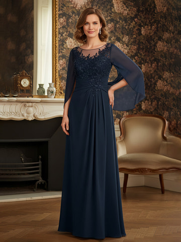 Elegant Dark Navy Lace Appliqué Chiffon Gown - Illusion Neck & Flutter Sleeves, Formal Mother of the Bride Dress