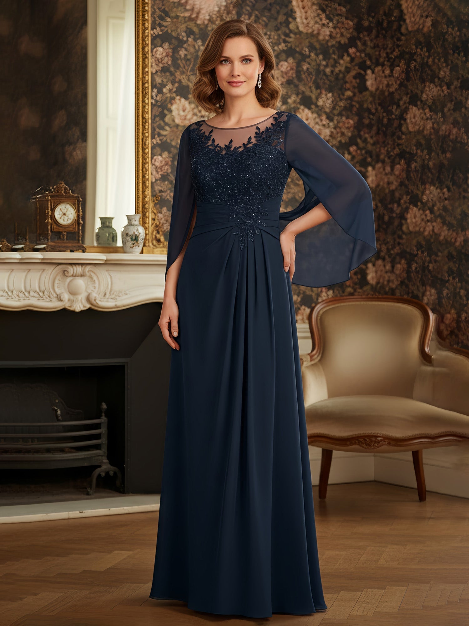 Elegant Dark Navy Lace Appliqué Chiffon Gown - Illusion Neck & Flutter Sleeves, Formal Mother of the Bride Dress