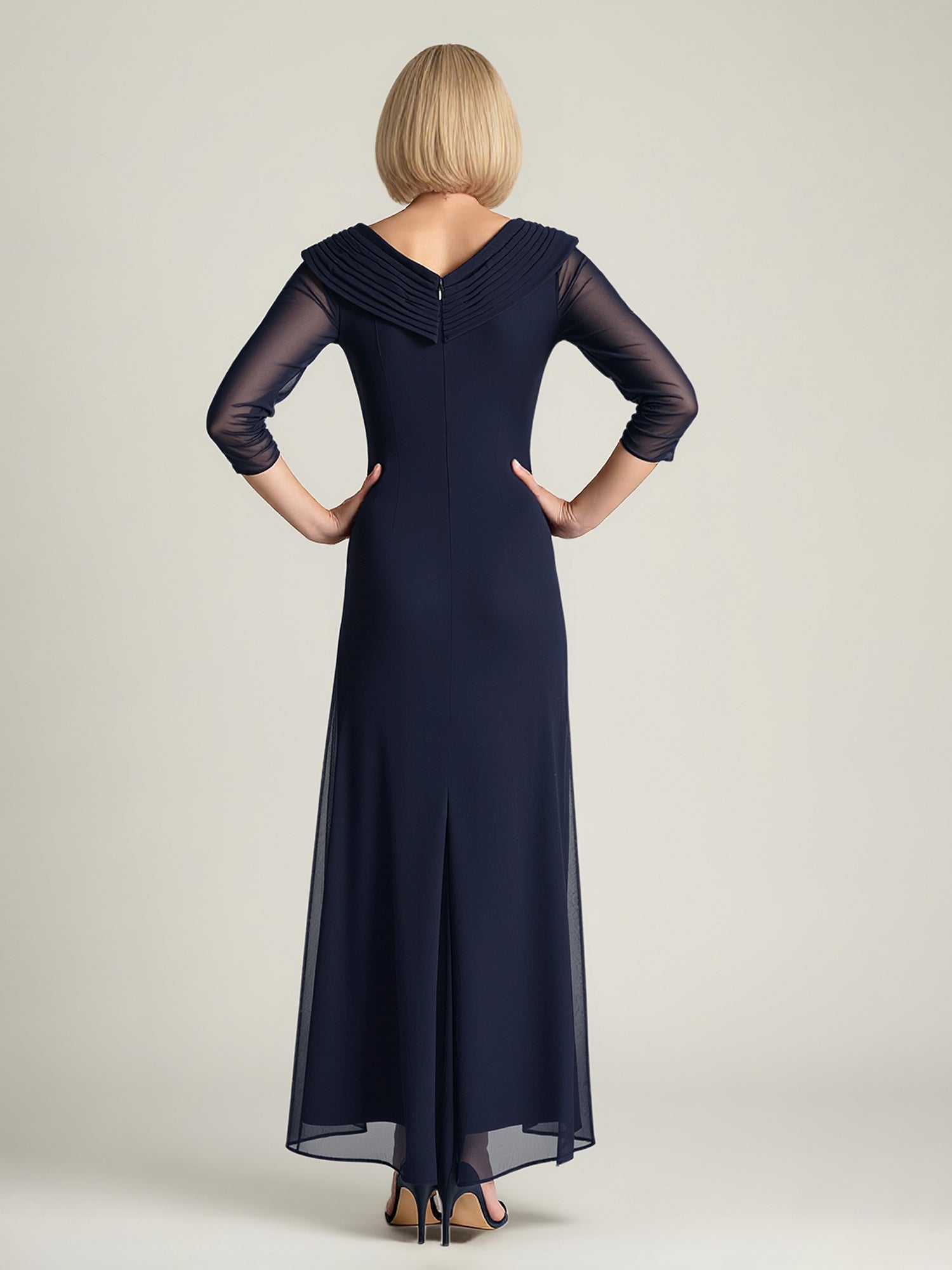 Elegant Navy Blue Ruched Chiffon Mother of the Bride Dress - 3/4 Sleeve V-Neck Formal Gown with Beaded Detailing