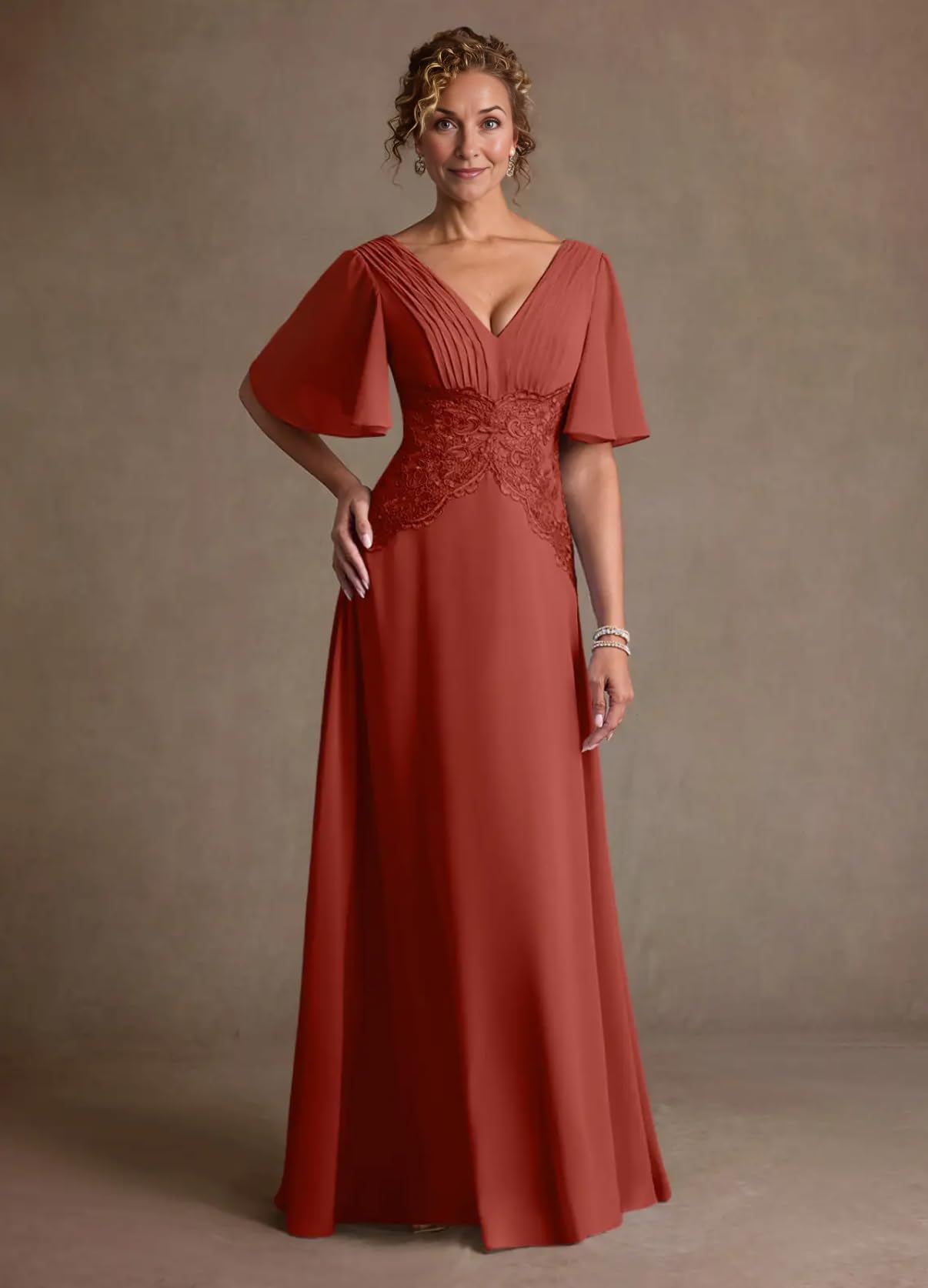 V-Neck Flutter Sleeve Lace Waist Chiffon A-Line Floor-Length Mother of the Bride Dress
