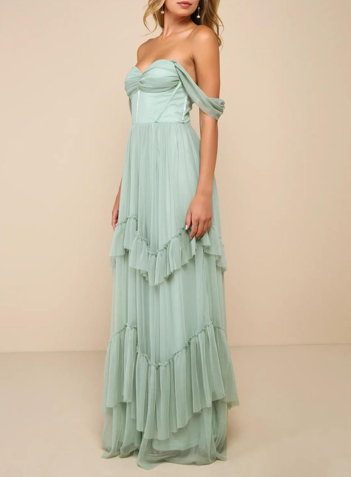 Vestido de noche de dama de honor largo hasta el suelo con escote corazón, corsé y volantes de tul, con hombros descubiertos